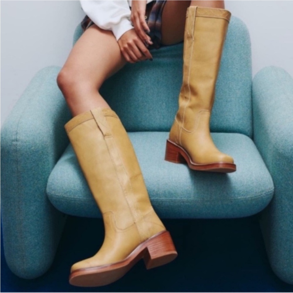 Frye Tall Leather Heeled Boots in Mustard Yellow - Picture 2 of 10